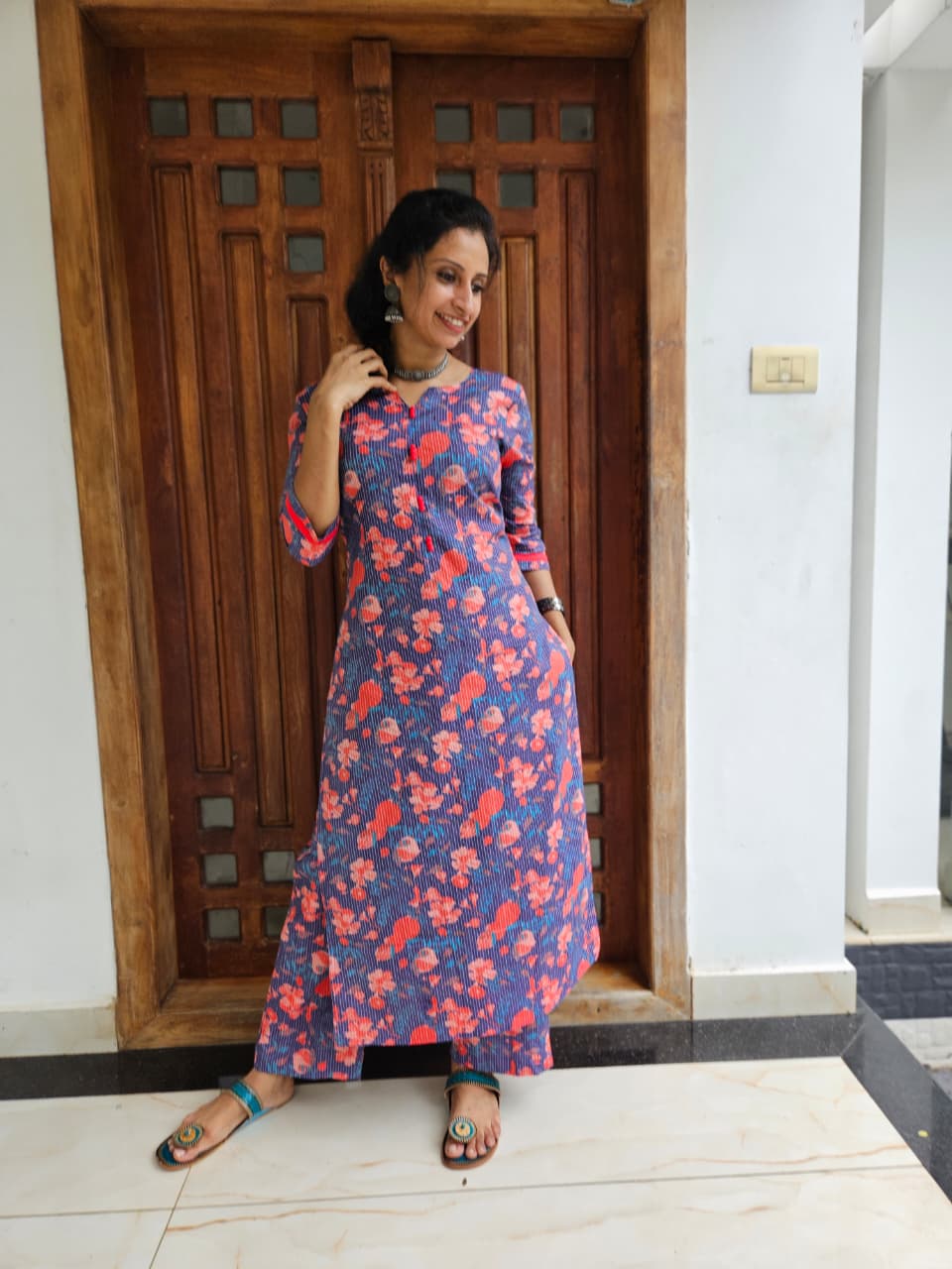 Blue Floral Kantha Work Cotton Cord Set