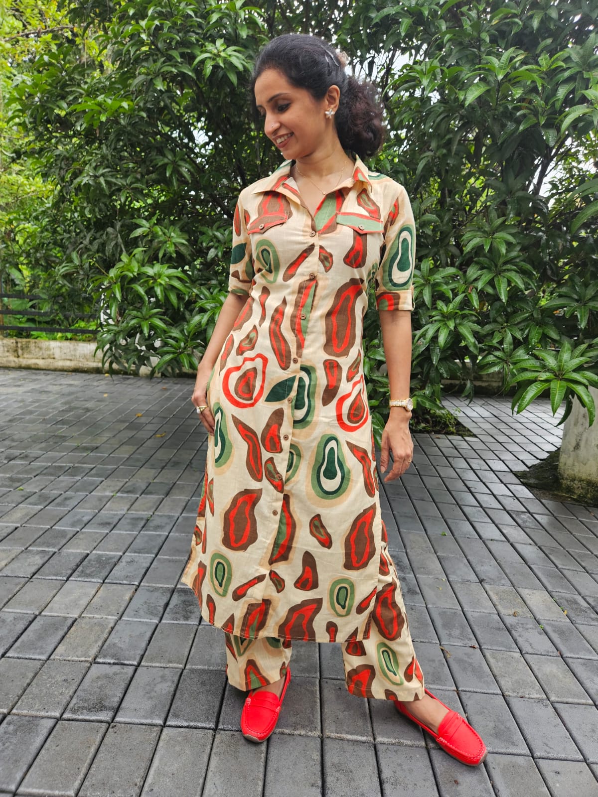 Beige Abstract Print Cotton Cord Set