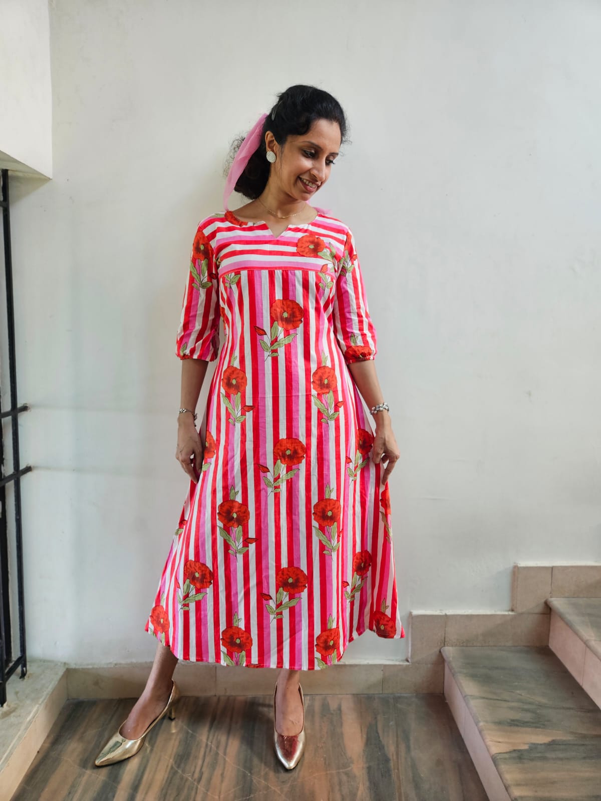 Pink Striped Red Floral Pleated Cotton Kurti