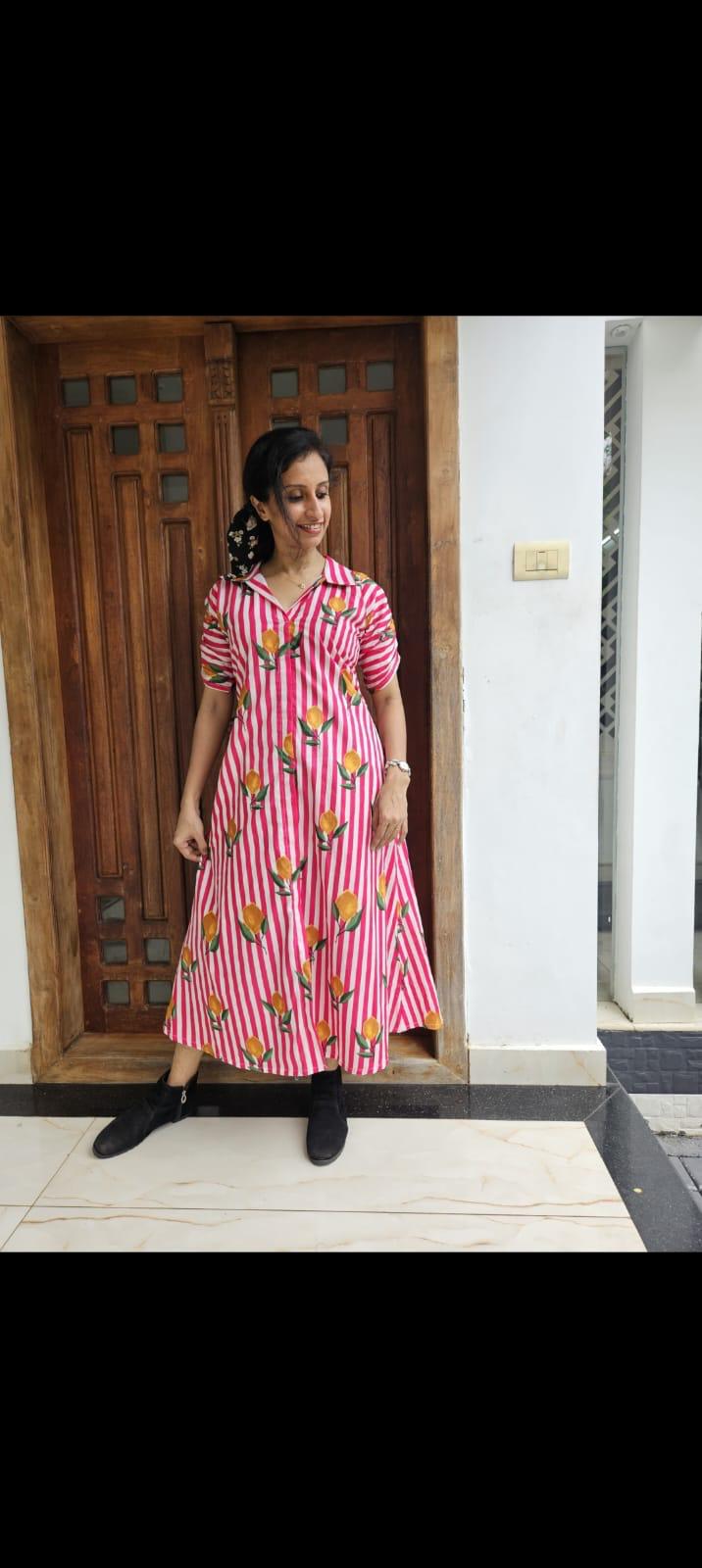 Pink Striped Floral Cotton Shirt Dress