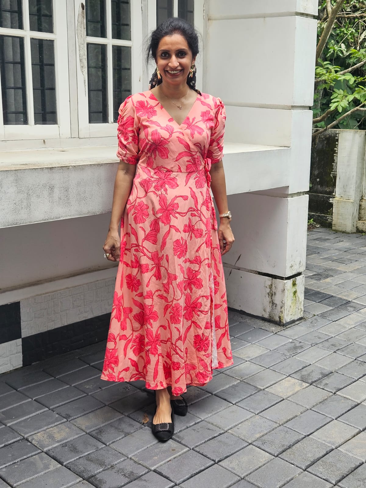 Peach Pink Floral Wrap-Style Cotton Kurti