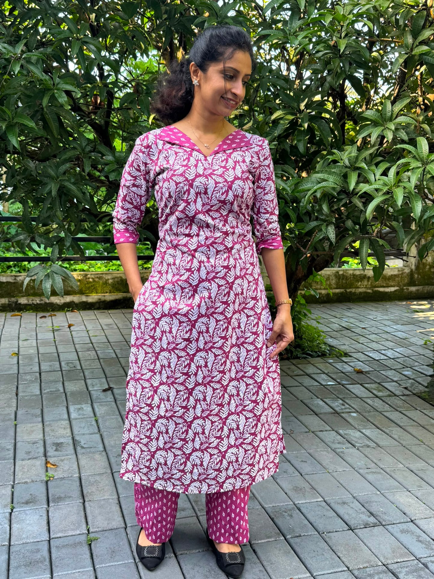Magenta Leaf Print Cotton Cord Set