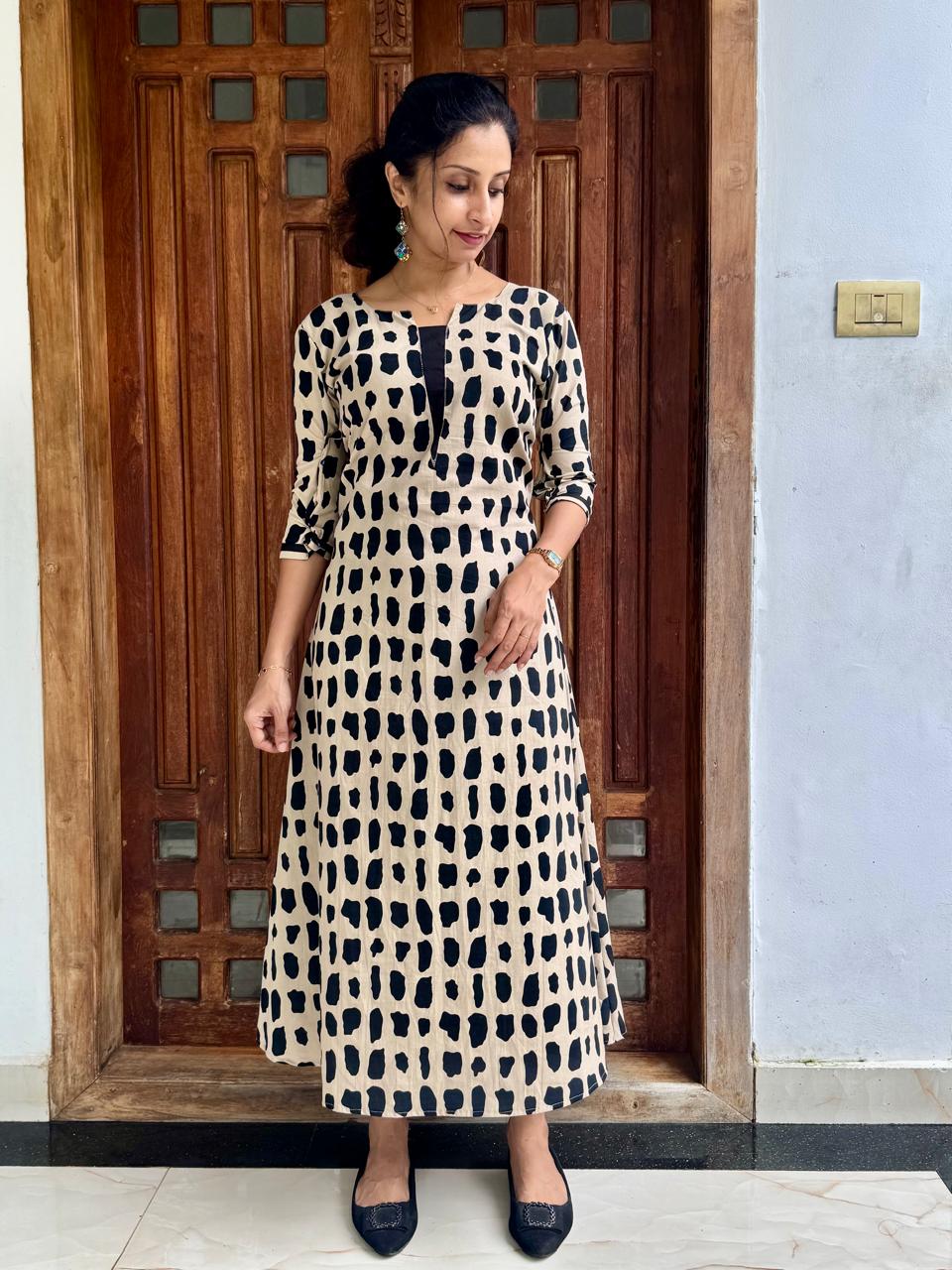 Ivory & Black Printed A-Line Cotton Kurti