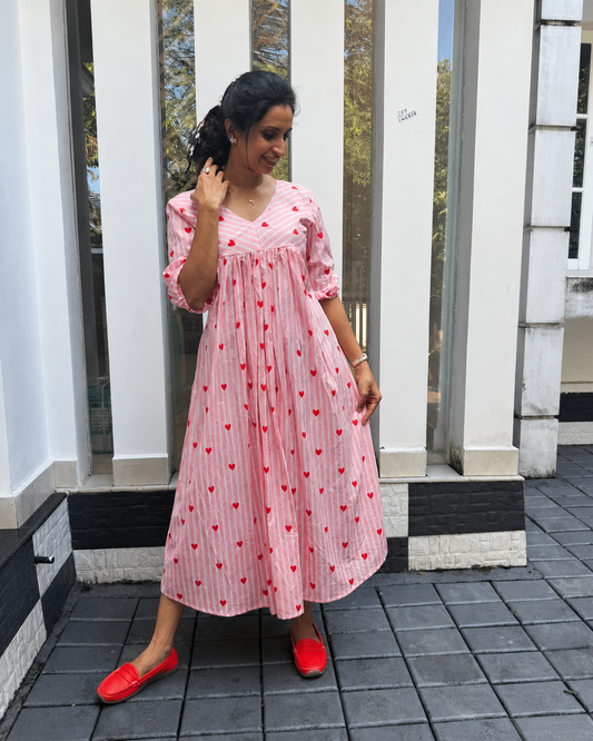 Pink Striped Heart Print Pleated Cotton Kurti