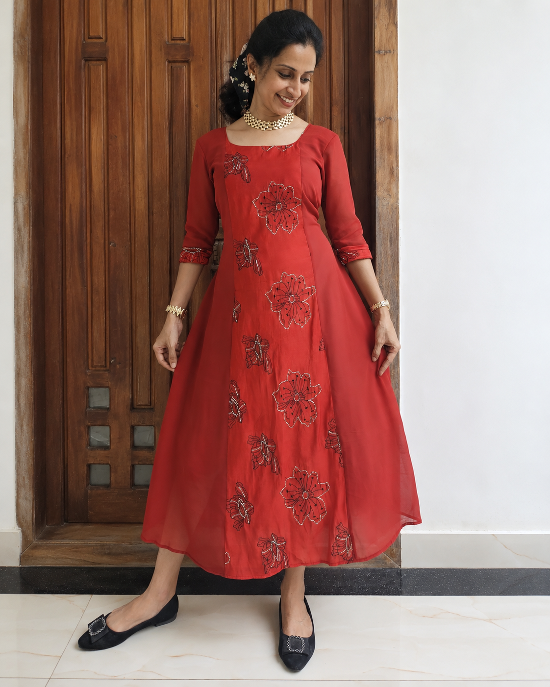 Rust Red Embroidered Panel Flared Kurti