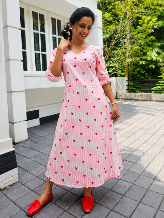 Pink Striped Heart Print A-Line Cotton Kurti