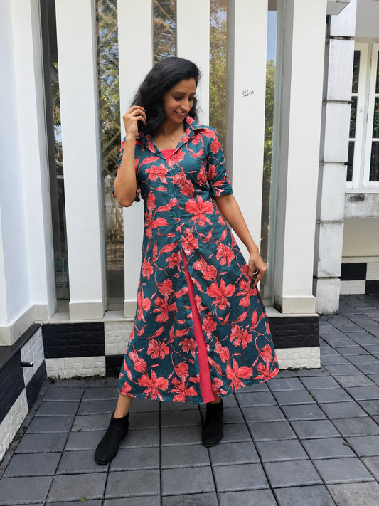 Floral Hacoba Jacket Style Cotton Kurti
