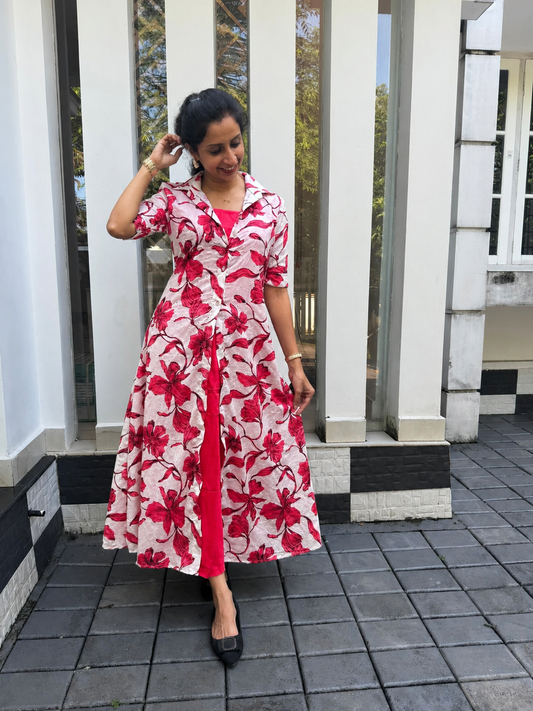 Floral Hacoba Jacket Style Cotton Kurti
