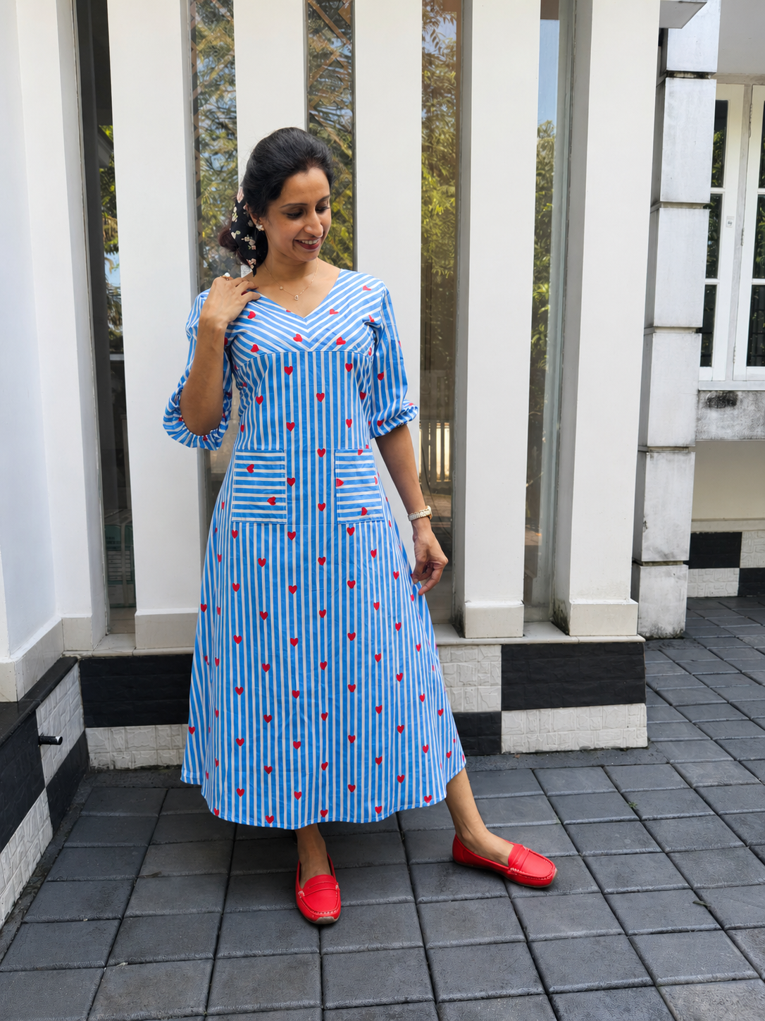 Sky Blue Striped Heart Print A-Line Cotton Kurti