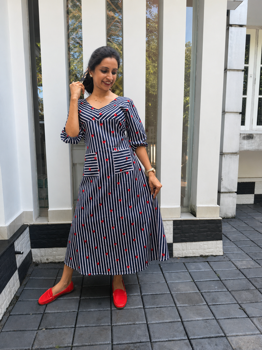 Navy Blue Striped Heart Print A-Line Cotton Kurti