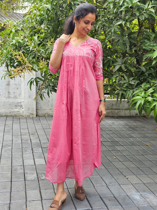 Rose Pink Floral Yoke Pleated Cotton Kurti