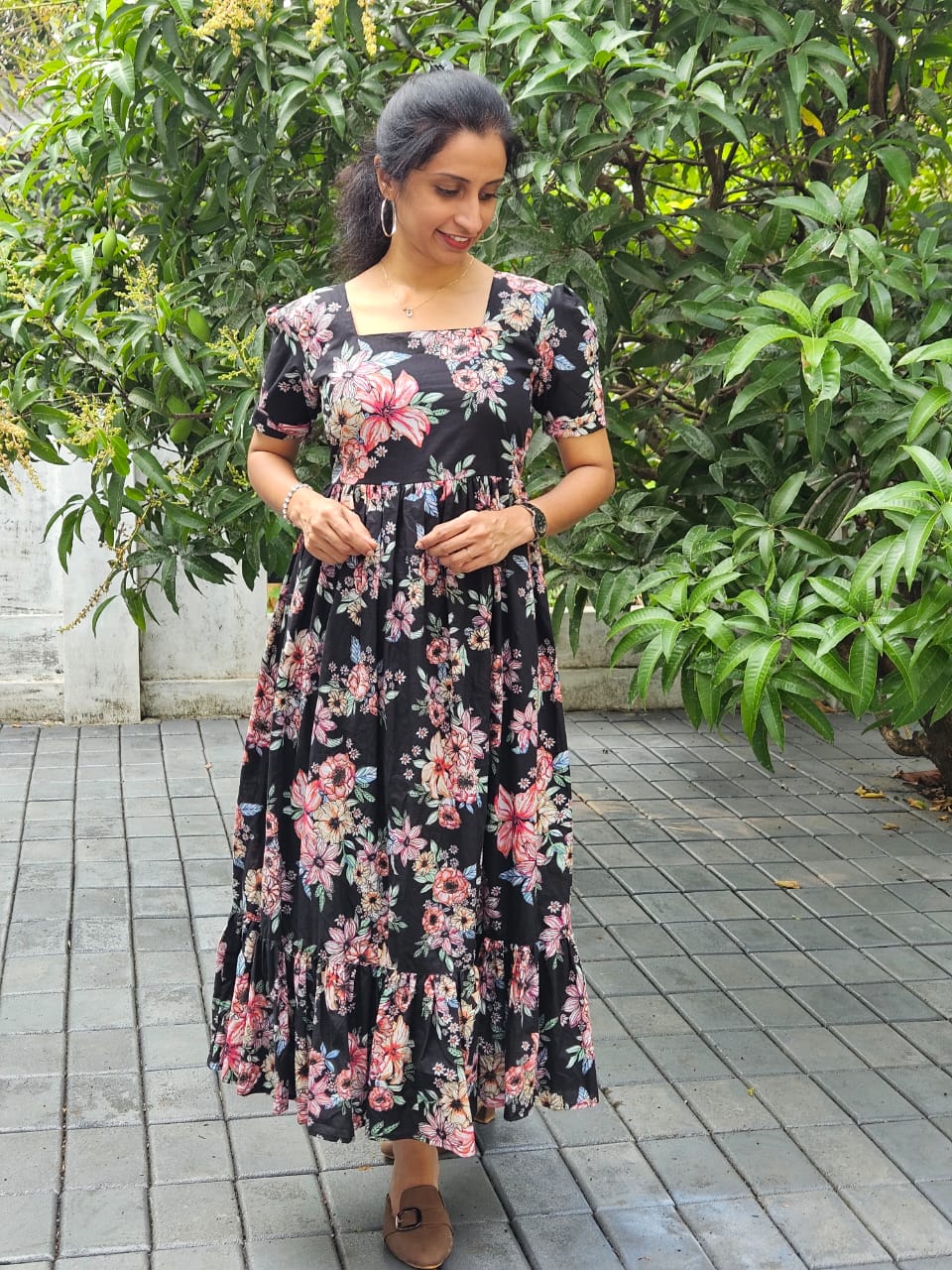 Black Floral Pleated Frock Cotton Kurti