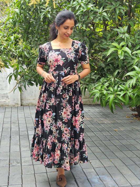 Black Floral Pleated Frock Cotton Kurti