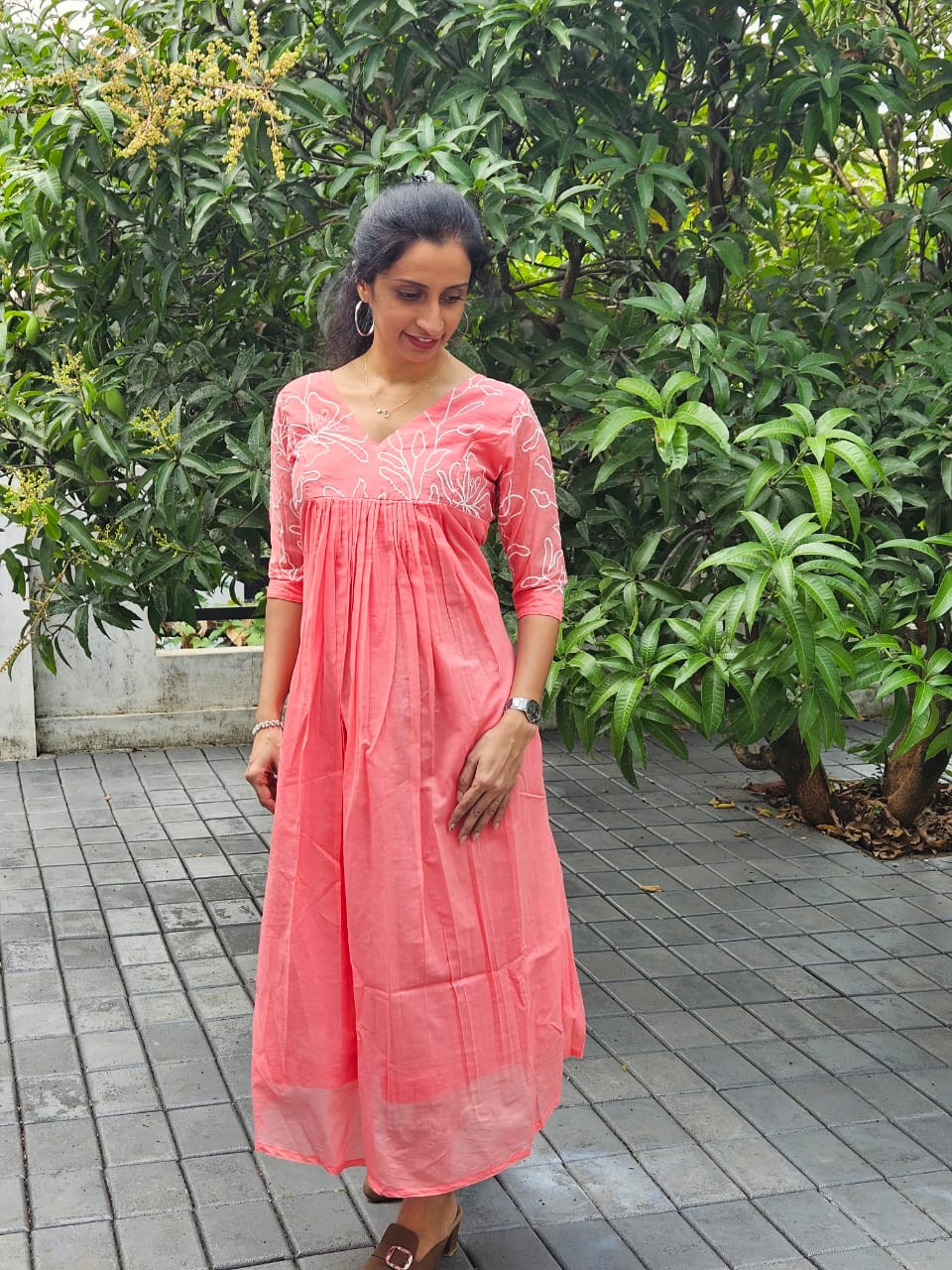 Coral Pink Mul Chanderi Pleated Kurti