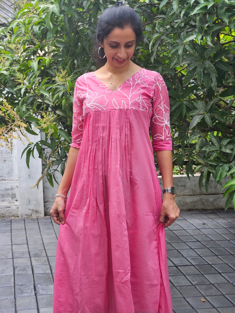 Rose Pink MulChanderi Pleated Kurti