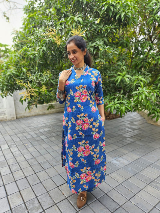 Royal Blue Floral Kantha Work Cotton Cord Set