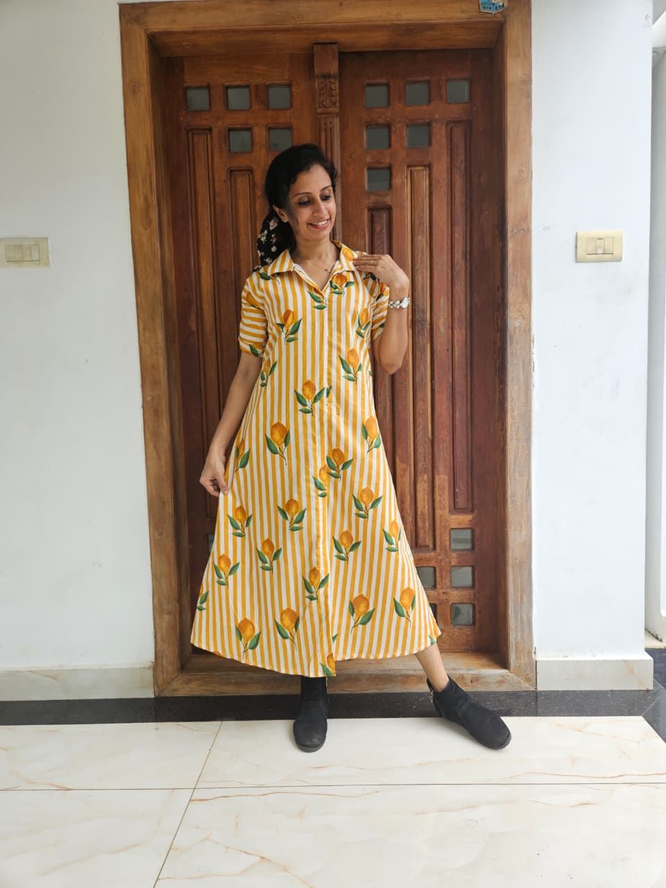 Mustard Yellow Striped Floral Cotton Shirt Dress