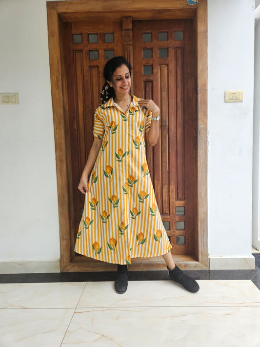 Mustard Yellow Striped Floral Cotton Shirt Dress