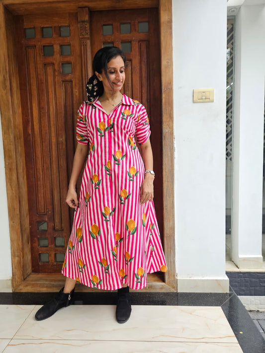 Pink Striped Floral Cotton Shirt Dress