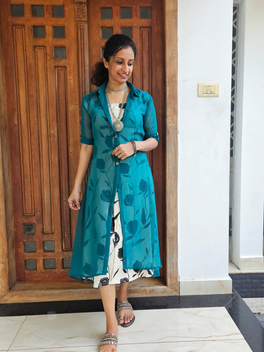 Teal Floral Faux Georgette Jacket Dress