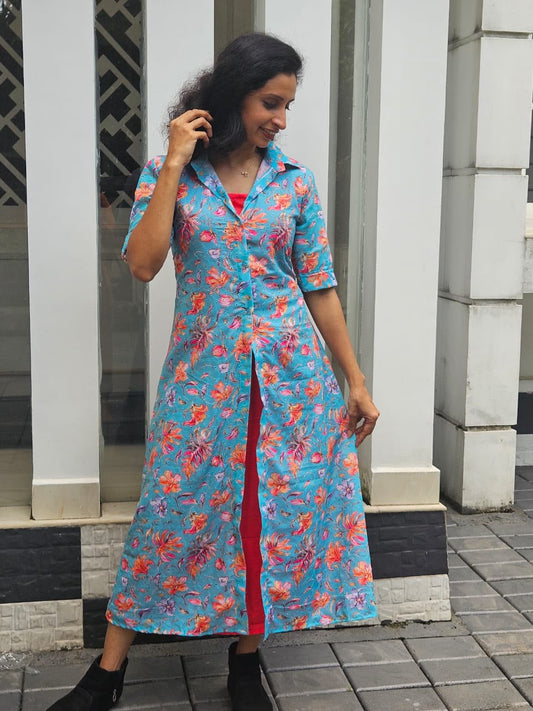Aqua Blue Floral Hacoba Cotton Jacket Dress