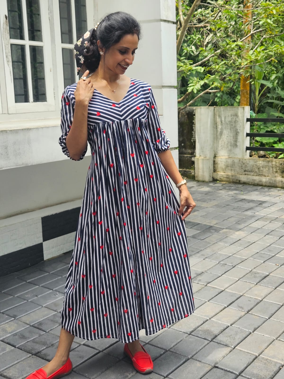 Navy Blue Striped Heart Print Pleated Cotton Kurti