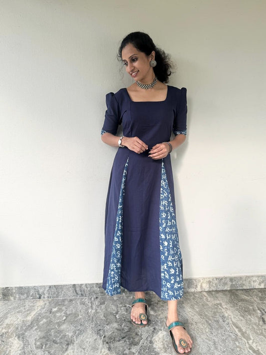 Navy Blue Printed Panel A-Line Cotton Kurti