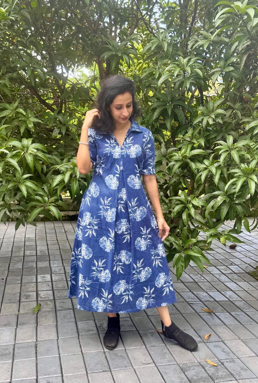 Blue Floral Box Pleated Cotton Kurti