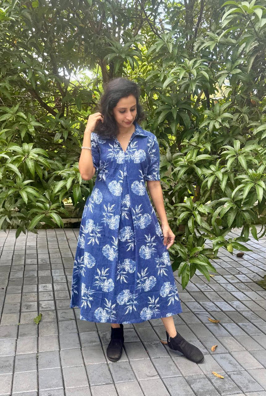 Blue Floral Box Pleated Cotton Kurti