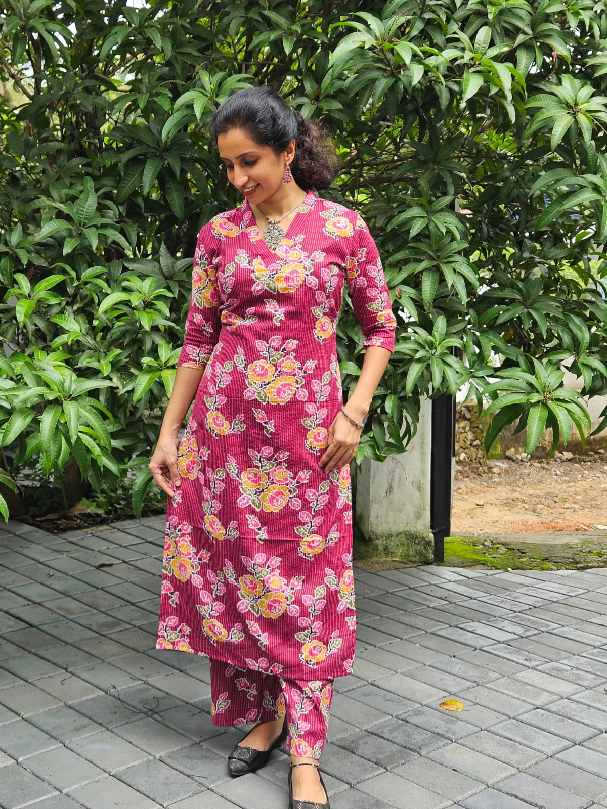 Dark Onion Pink Floral Printed Cotton Kantha Cord Set