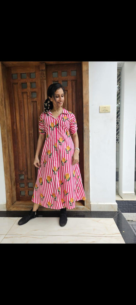 Pink Striped Floral Cotton Shirt Dress