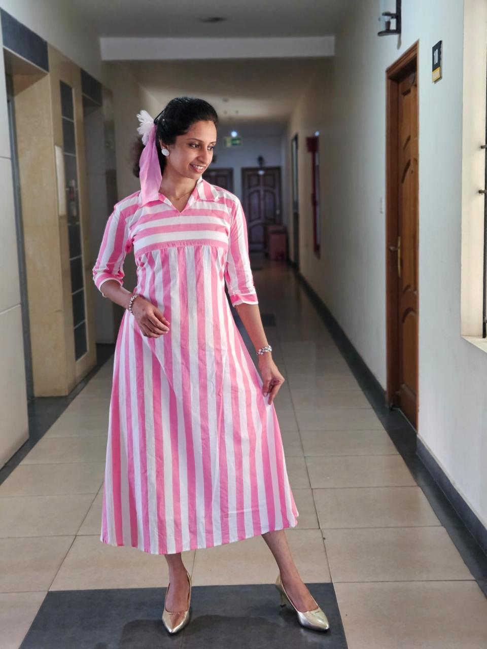 Pink & White Striped Collared A-line Cotton Kurti