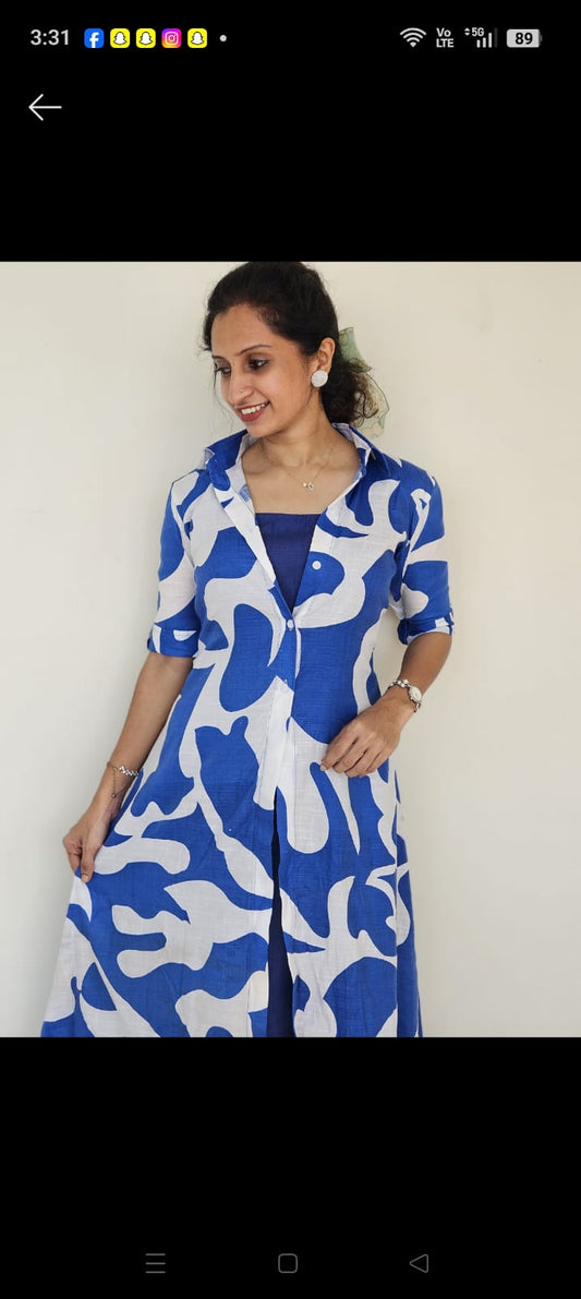 Royal Blue & White Abstract Print Cotton Jacket Dress