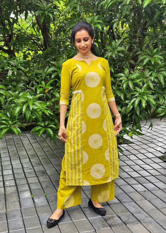Mustard Green Printed Cotton Cord Set