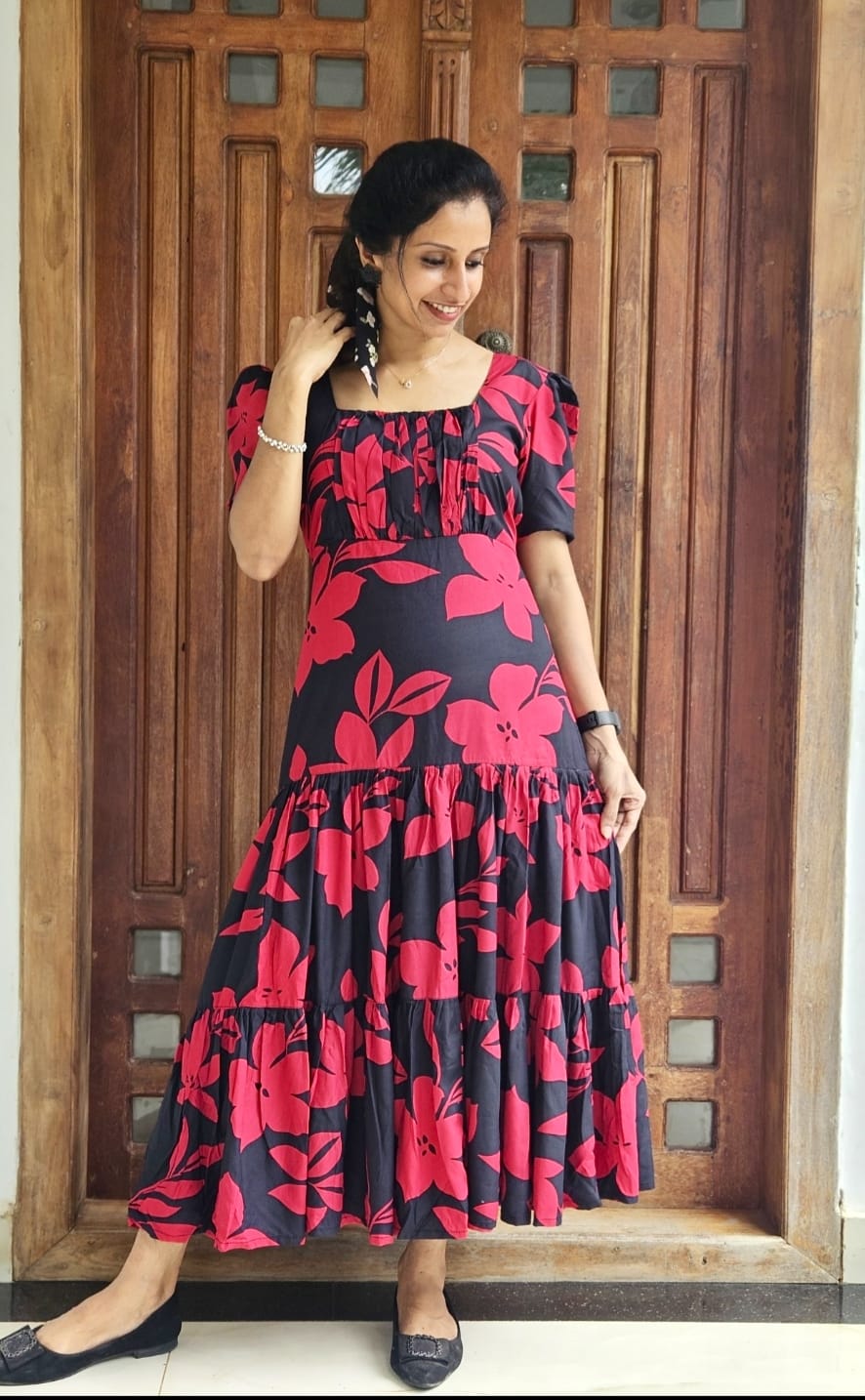 Black & Red Floral Tiered Cotton Frock Kurti