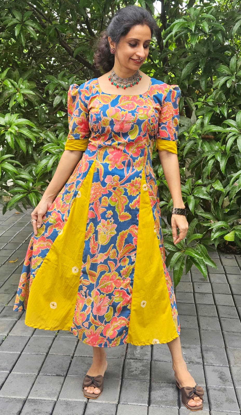 Blue Floral Panelled Flared Cotton Kurti