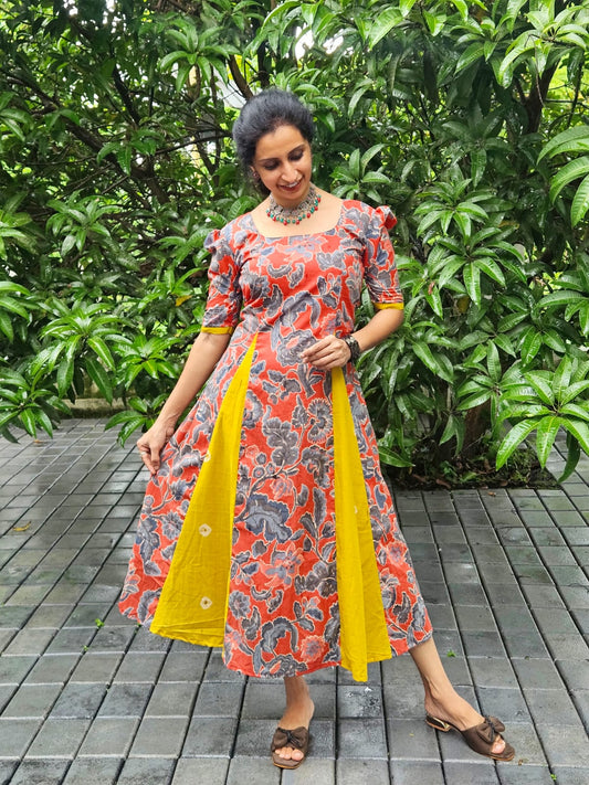 Rust Orange Floral Panelled Flared Cotton Kurti