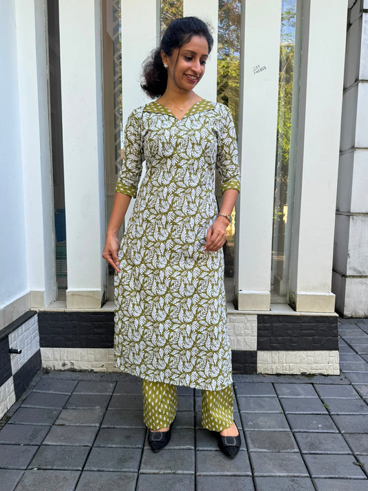 Olive Green Leaf Print Cotton Cord Set