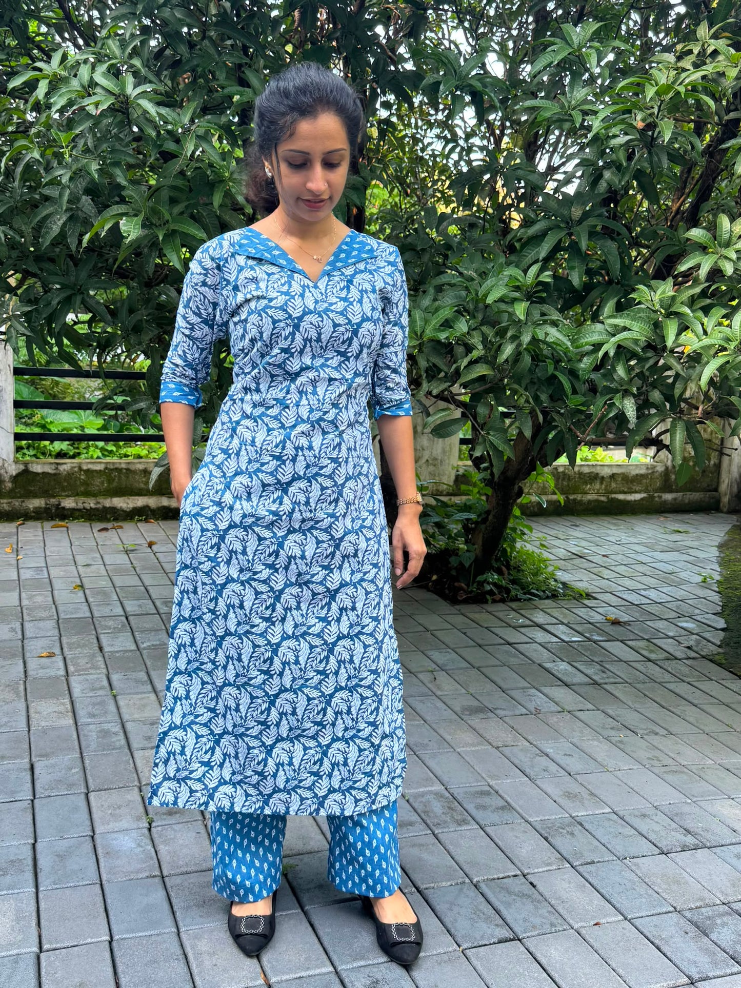 Sky Blue Leaf Print Cotton Cord Set