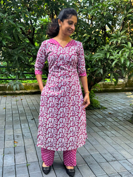 Magenta Leaf Print Cotton Cord Set