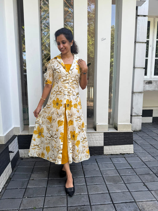 Ivory Mustard Floral Cotton Jacket Dress