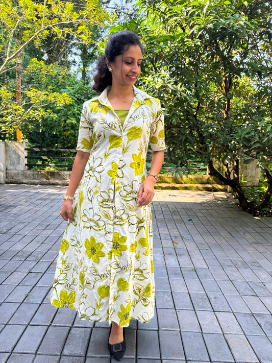 Ivory Lime Floral Cotton Jacket Dress