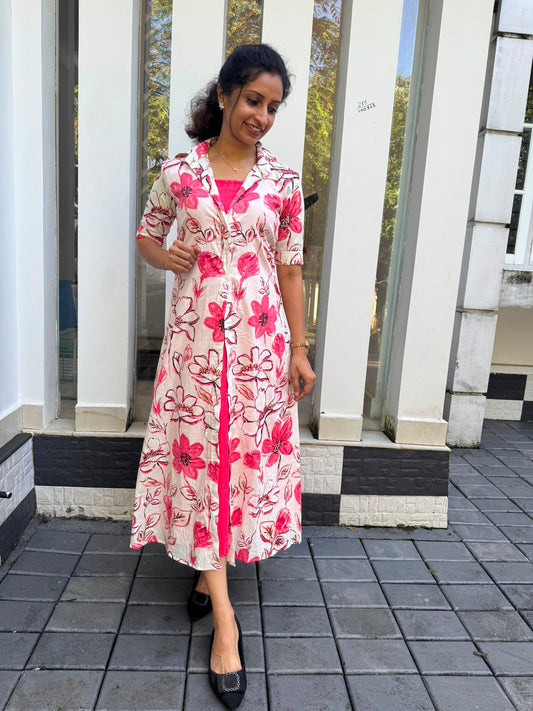 Ivory Pink Floral Cotton Jacket Dress