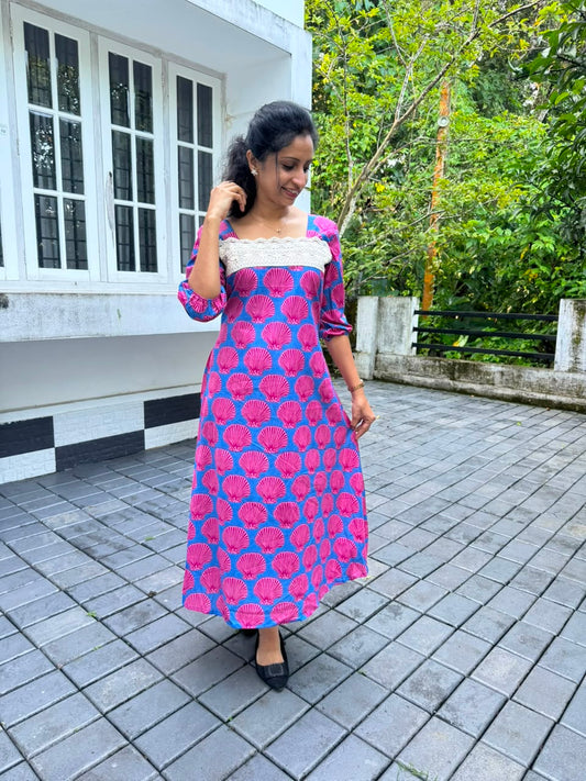 Blue & Pink Shell Print A-Line Cotton Kurti