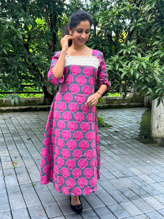 Charcoal Grey & Pink Shell Print A-Line Cotton Kurti