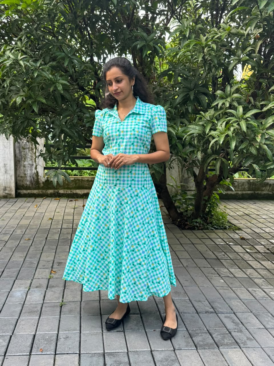 Aqua Blue Checkered Cotton Frock Kurti