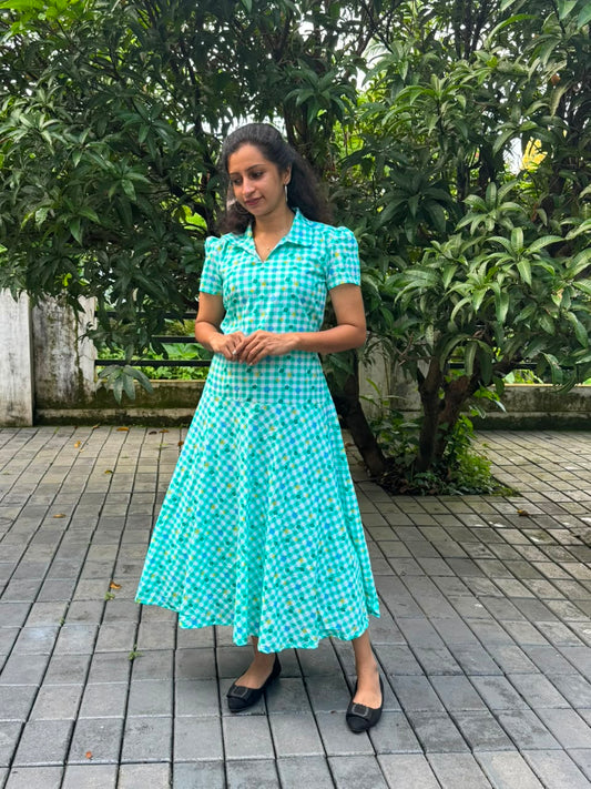 Aqua Blue Checkered Cotton Frock Kurti