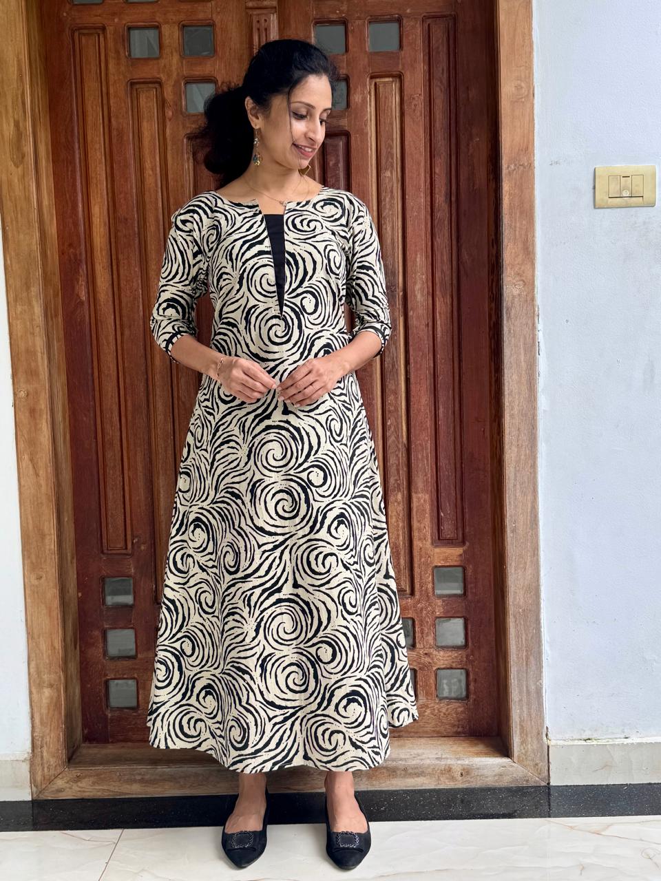 Black & Ivory Printed A-Line Cotton Kurti