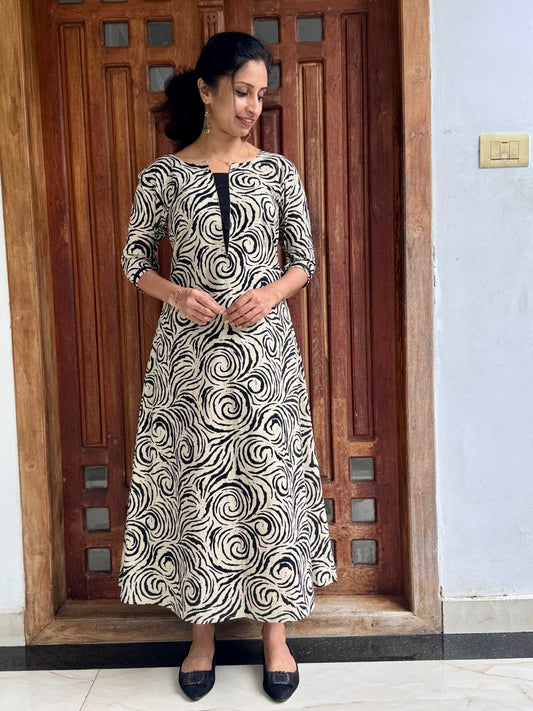Black & Ivory Printed A-Line Cotton Kurti