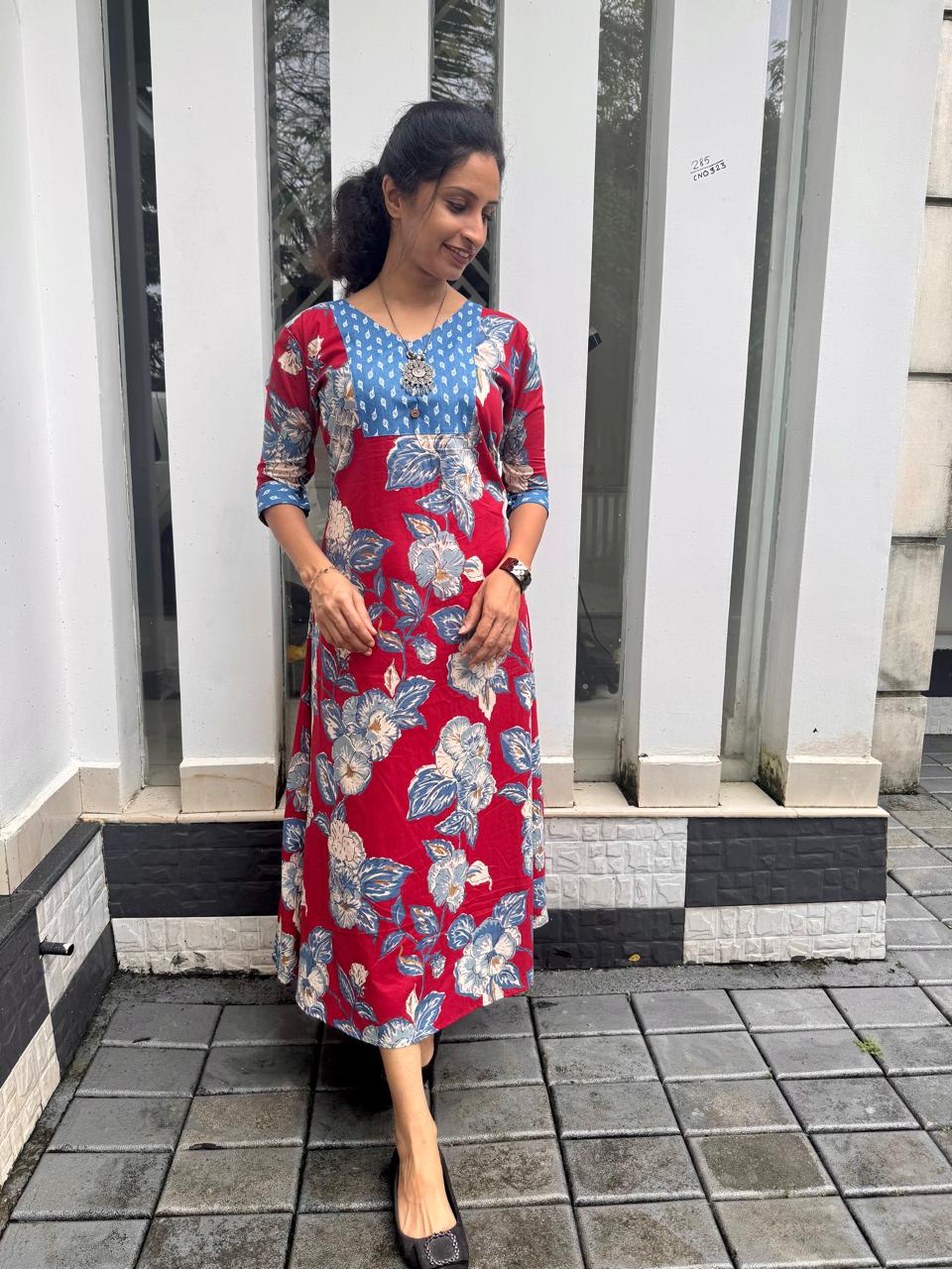 Red Floral Cotton A-Line Top
